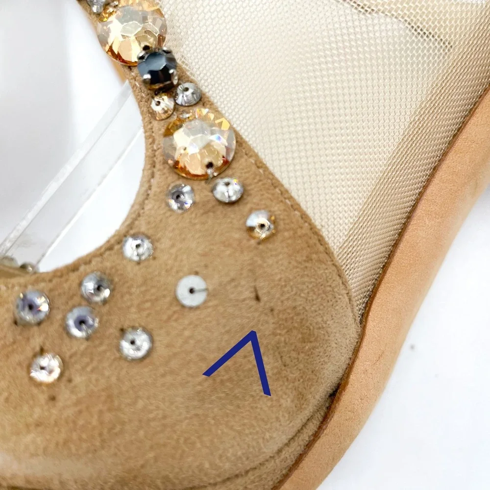 Jimmy Choo Viola Crystal‎ Sandals Tan Suede Strappy Heels Sz 37.5 / 7.5 US